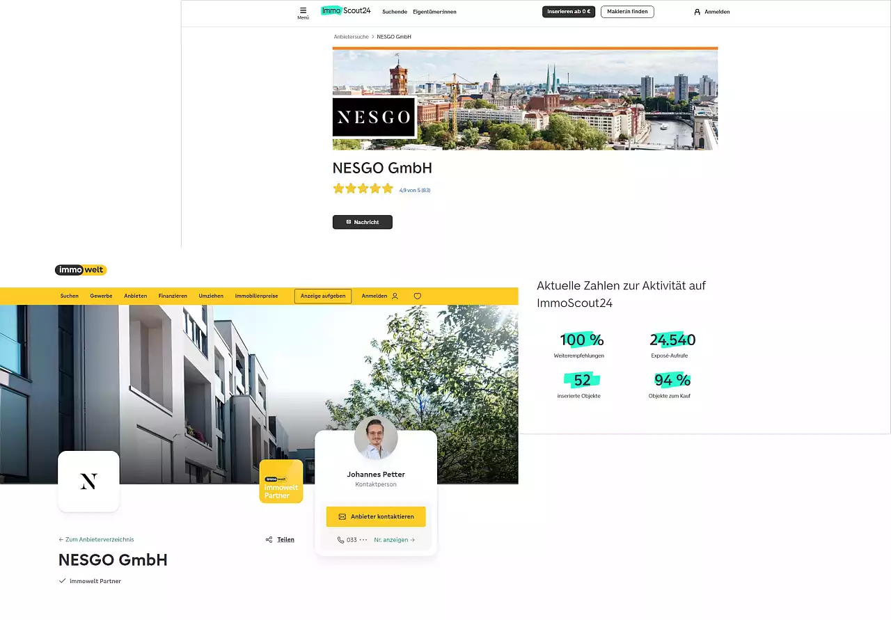 Das Immobilienunternehmen NESGO GmbH ist auf den wichtigsten Immobilienportalen als Premiumpartner gelistet.